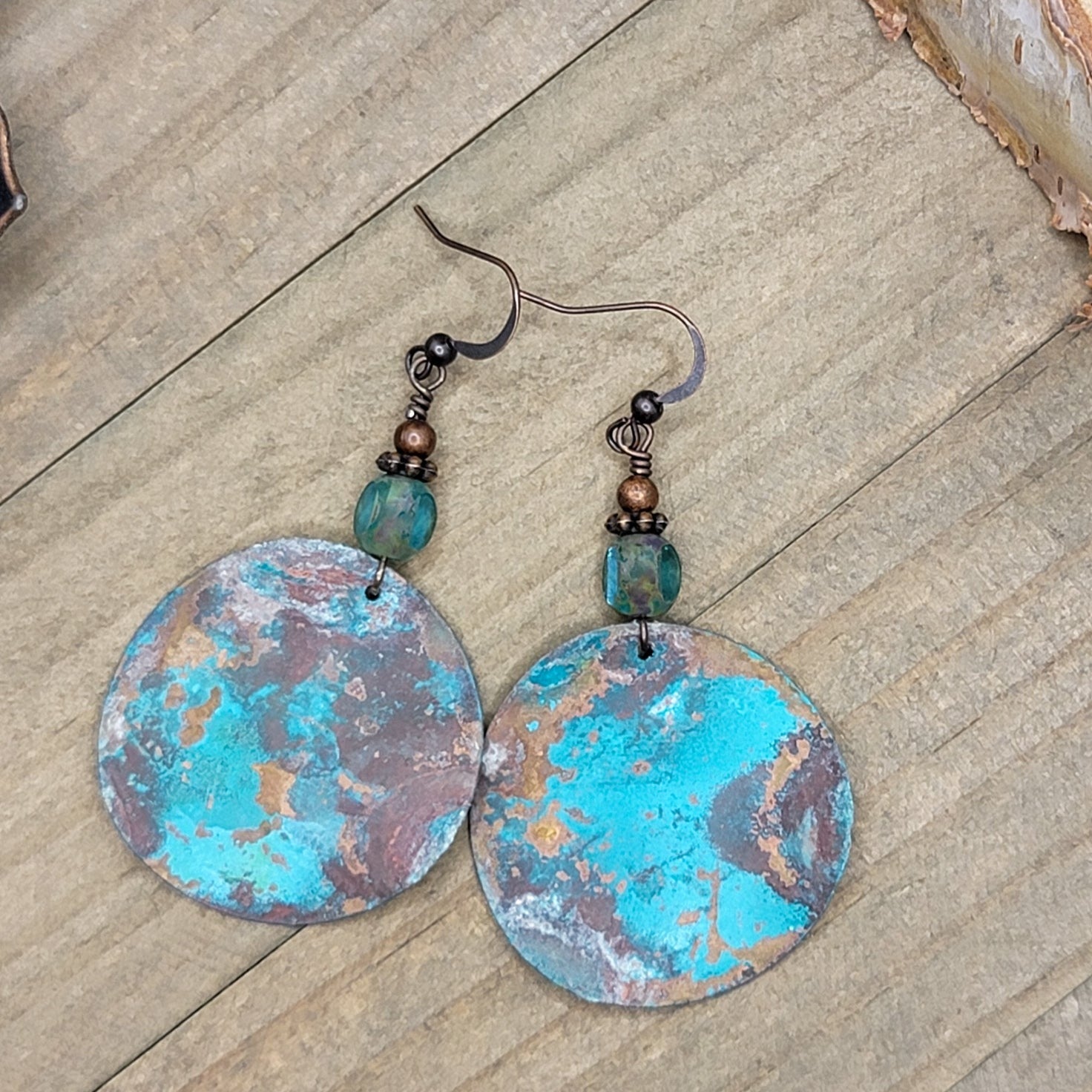 Copper and Turquiose, Aqua Polymer Coat of Arms Earrings - store One of a Kind Handmade Appalachian