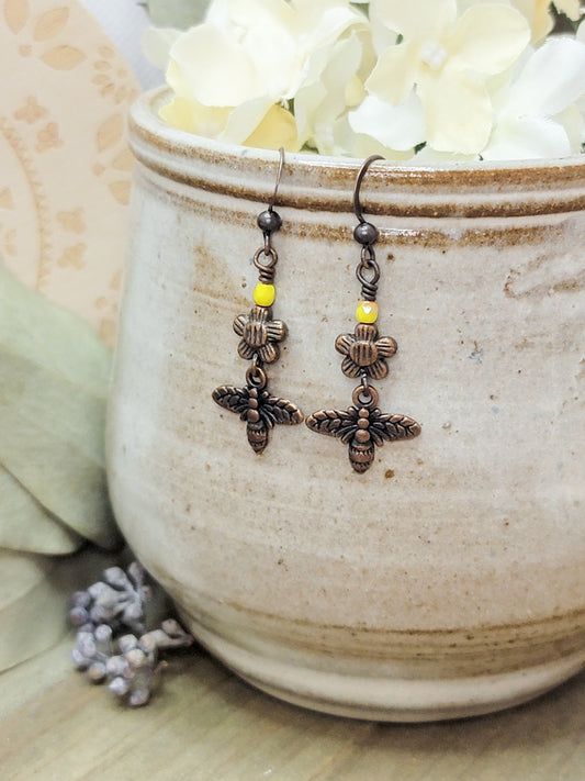 Tiny Bee and Flower Copper Earrings - Nicki Lynn Jewelry