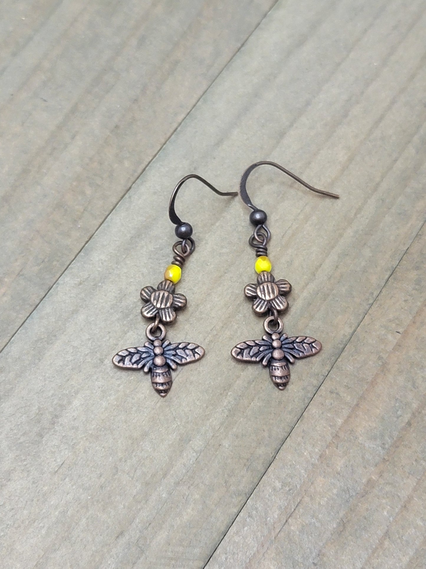 Tiny Bee and Flower Copper Earrings - Nicki Lynn Jewelry