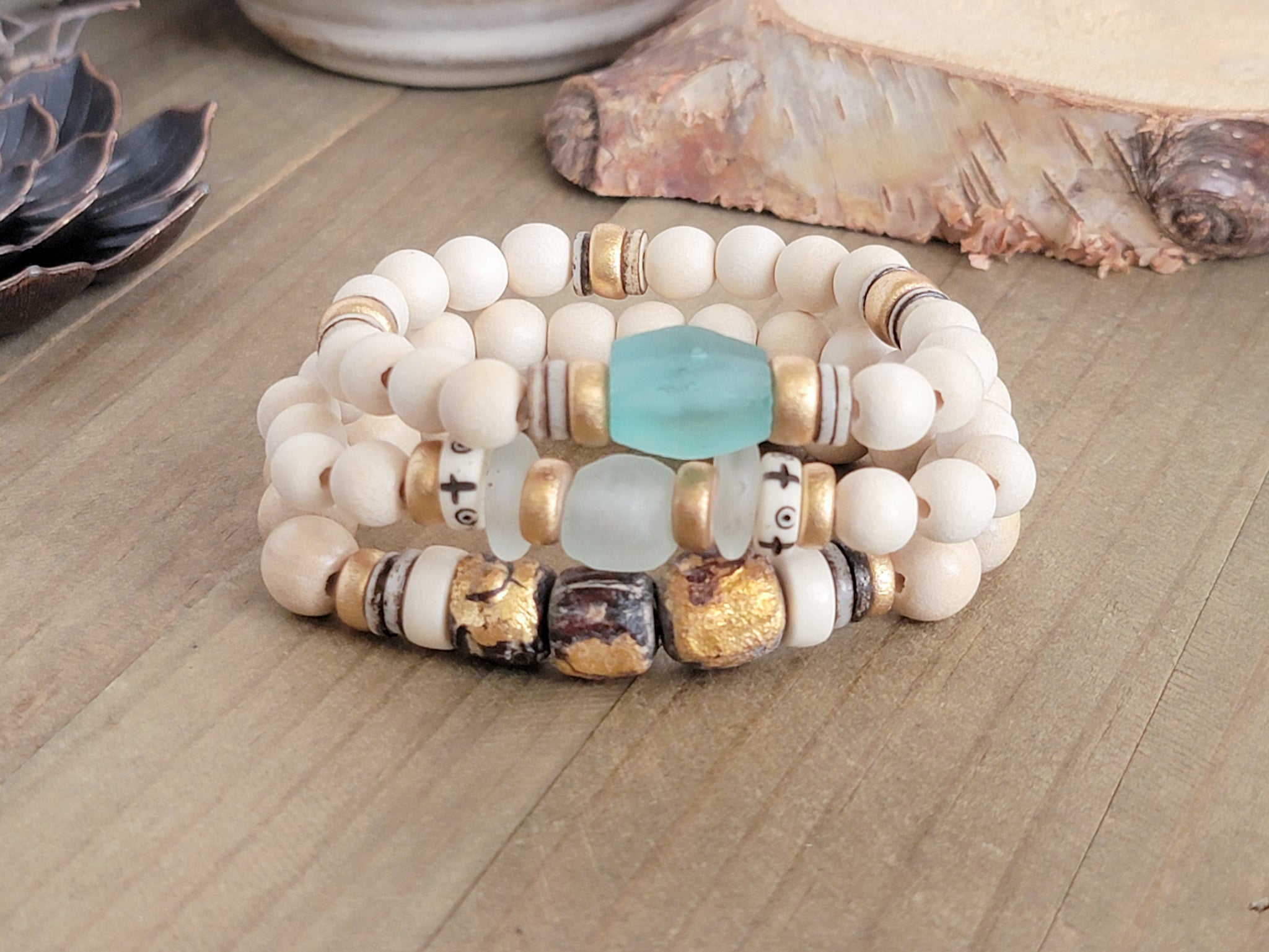 Chunky Statement Wood and Bone Bead Bracelet - Nicki Lynn Jewelry