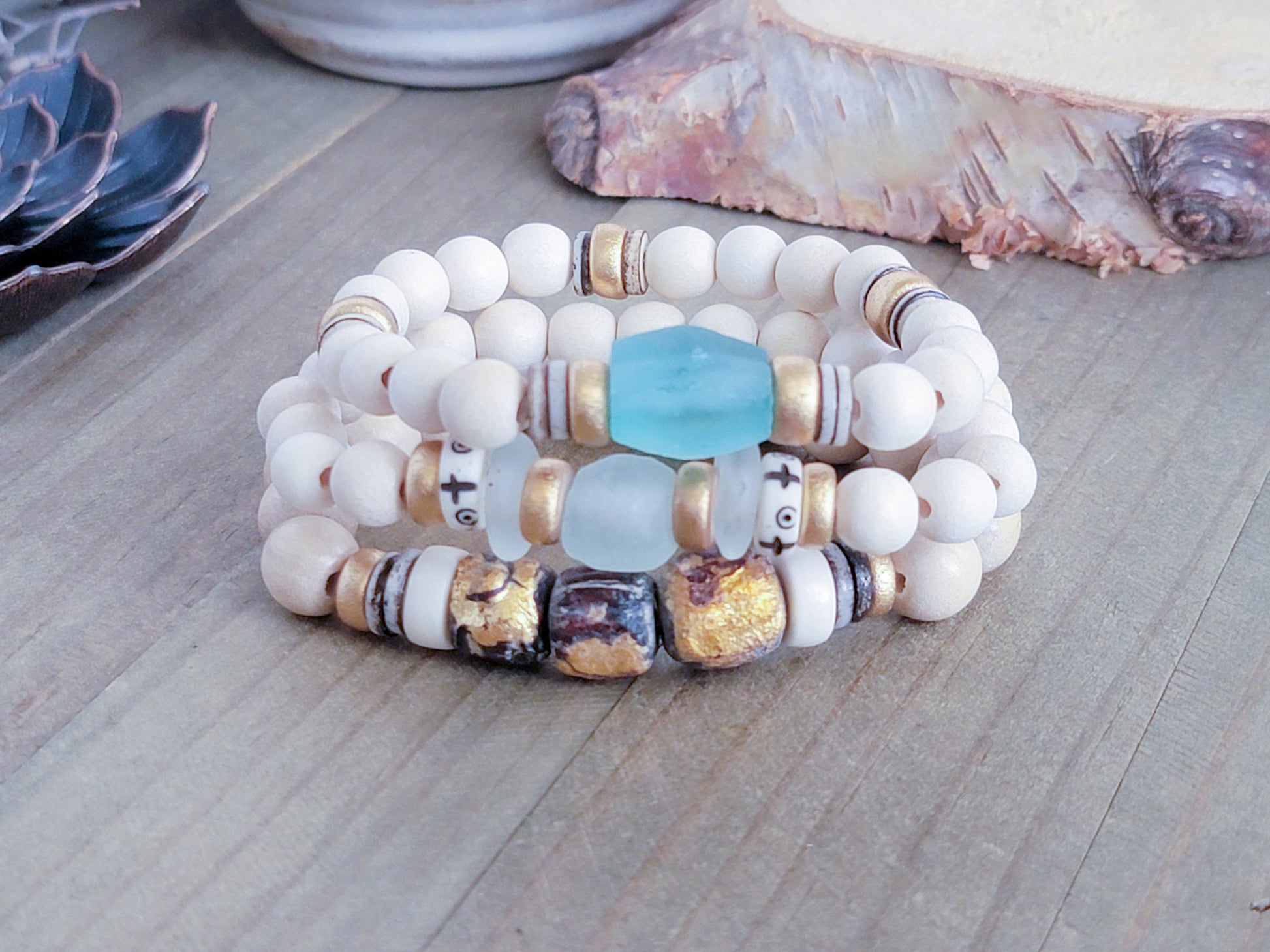 Wood Bead Bracelet-Gold, Cream, Aqua Stacker, Nicki Lynn Jewelry 