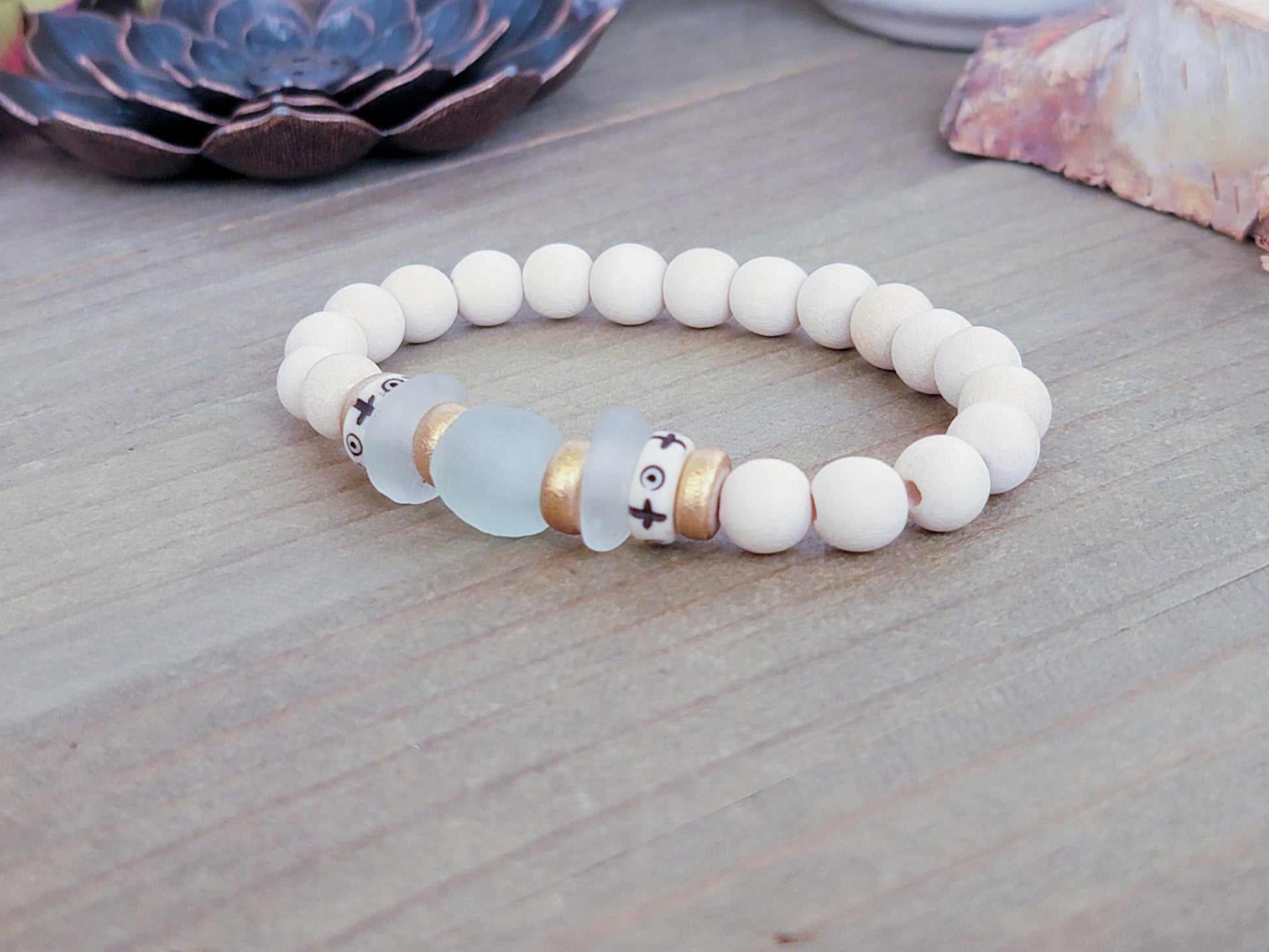 Wood Bead Bracelet-Gold, Cream, Aqua Stacker, Nicki Lynn Jewelry 