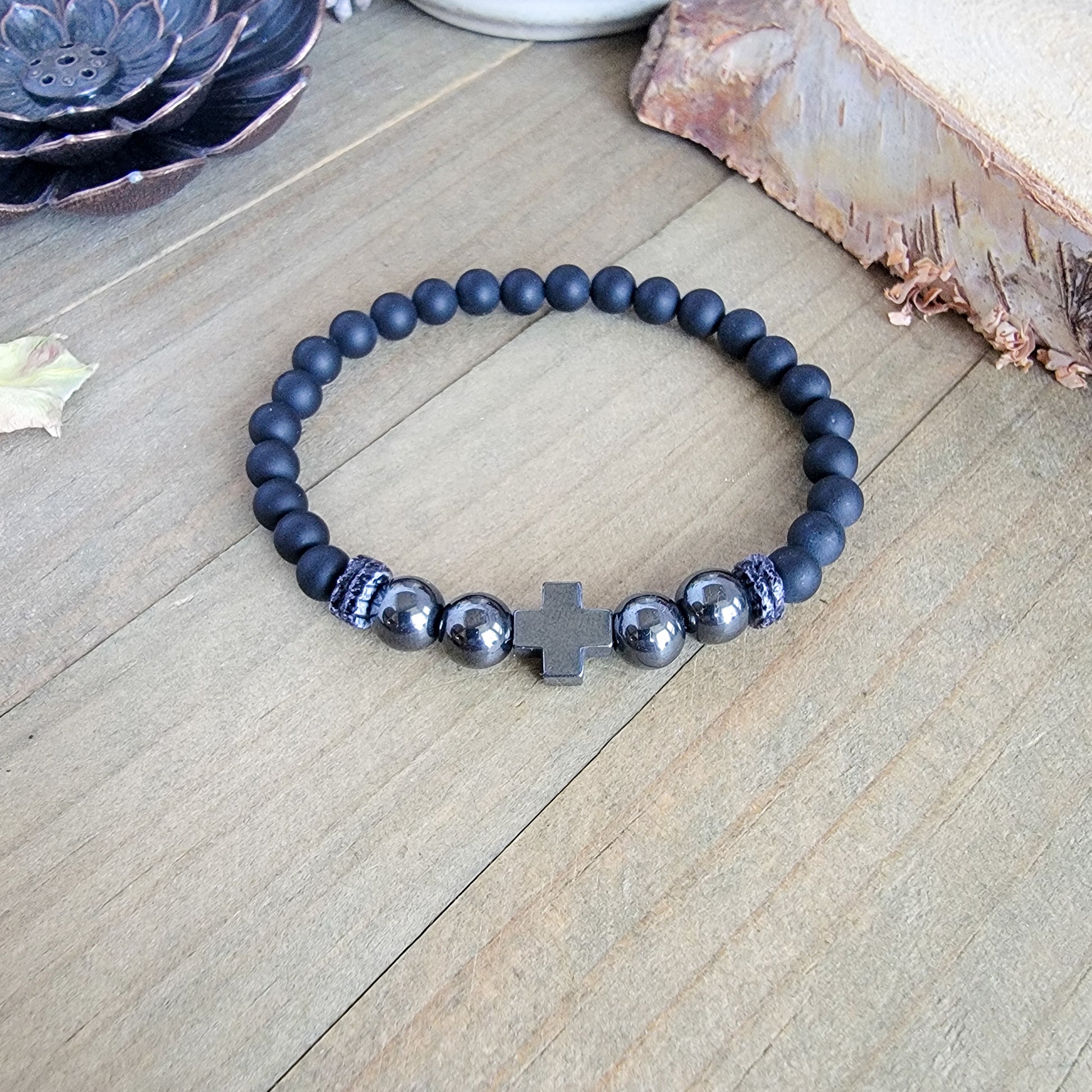 Men's Hematite Cross Bracelet with Matte Agate, Nicki Lynn Jewelry 