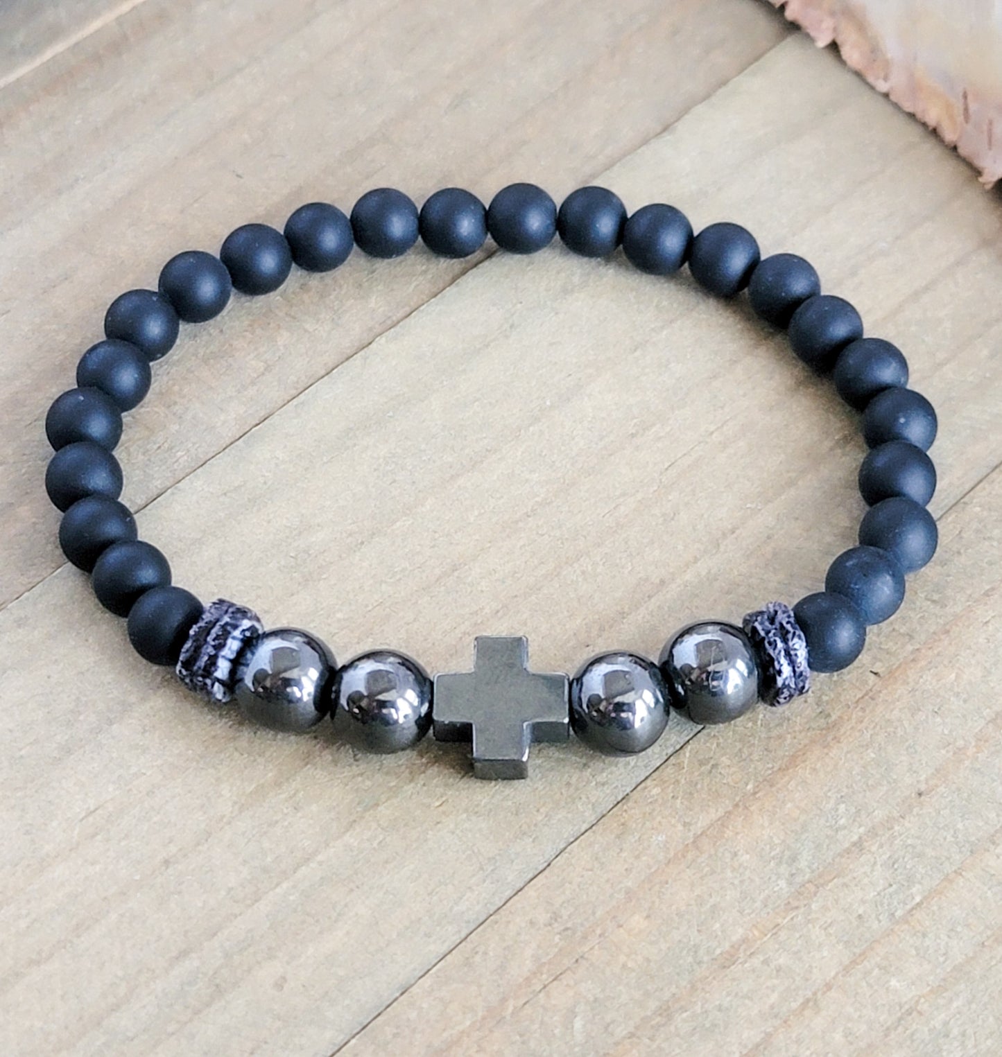 Men's Hematite Cross Bracelet with Matte Agate, Nicki Lynn Jewelry 