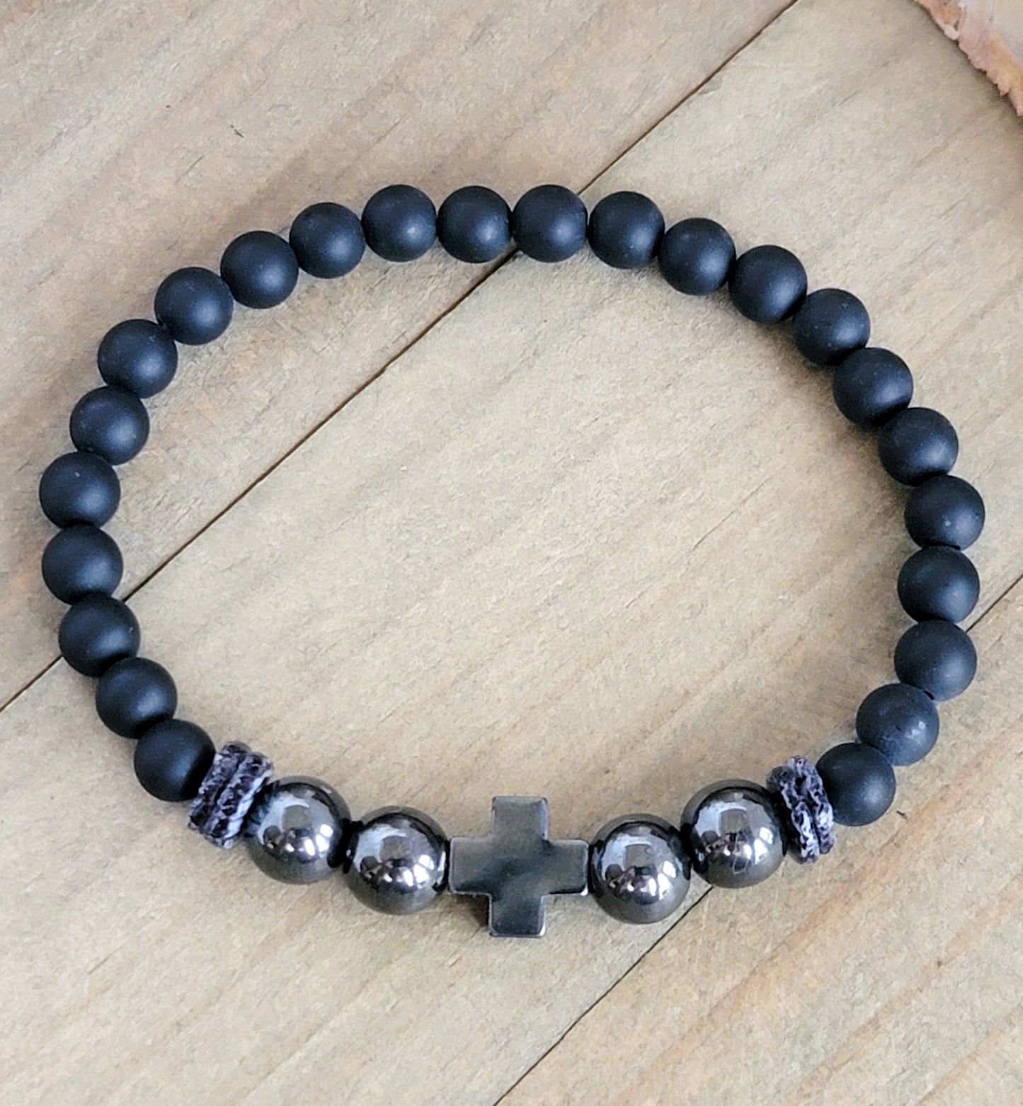 Men's Hematite Cross Bracelet with Matte Agate, Nicki Lynn Jewelry 