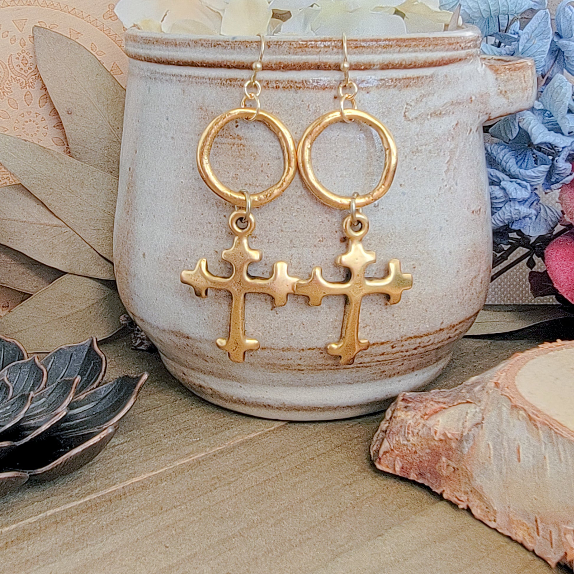 Chunky Gold Cross Dangle Earrings, Nicki Lynn Jewelry 