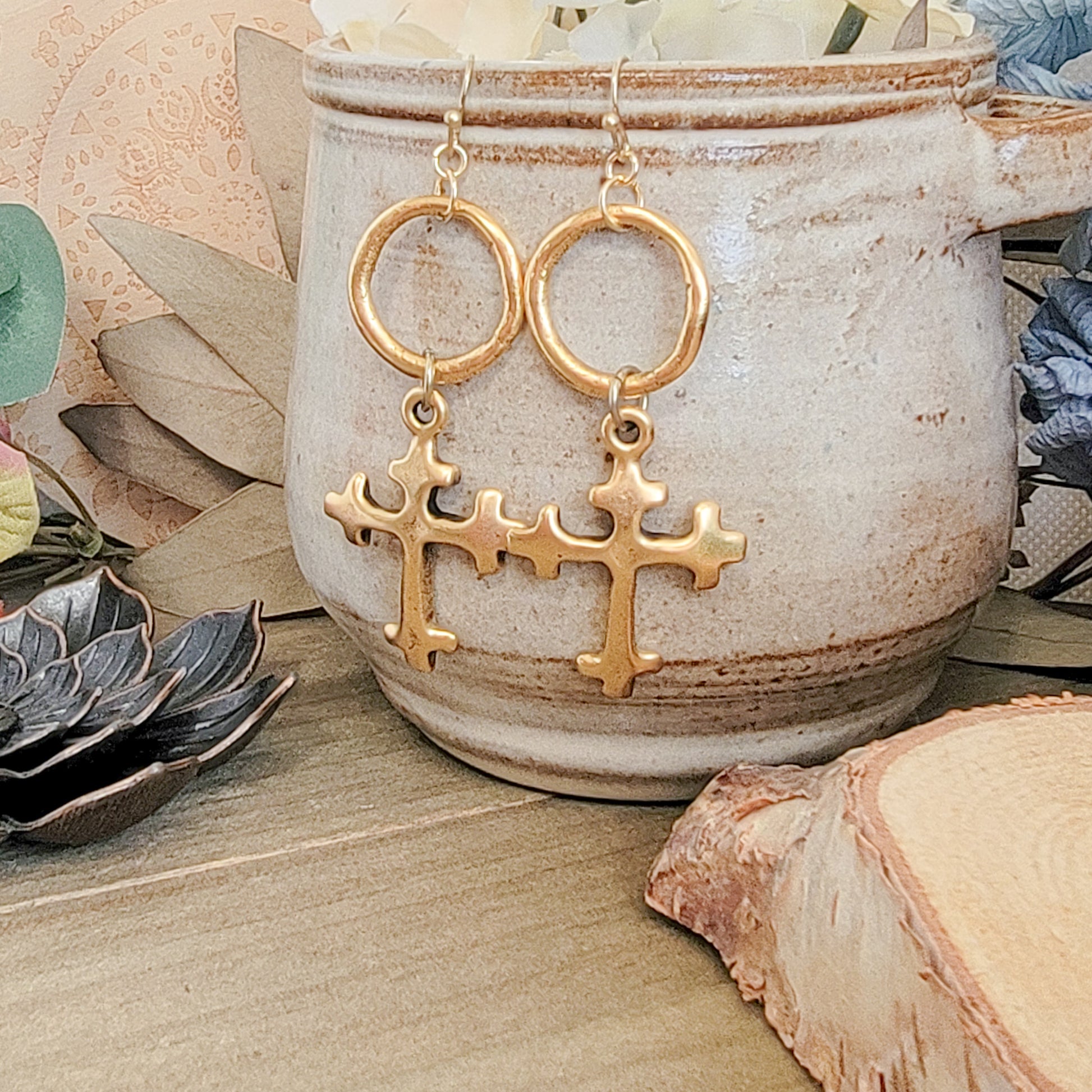 Chunky Gold Cross Dangle Earrings, Nicki Lynn Jewelry 