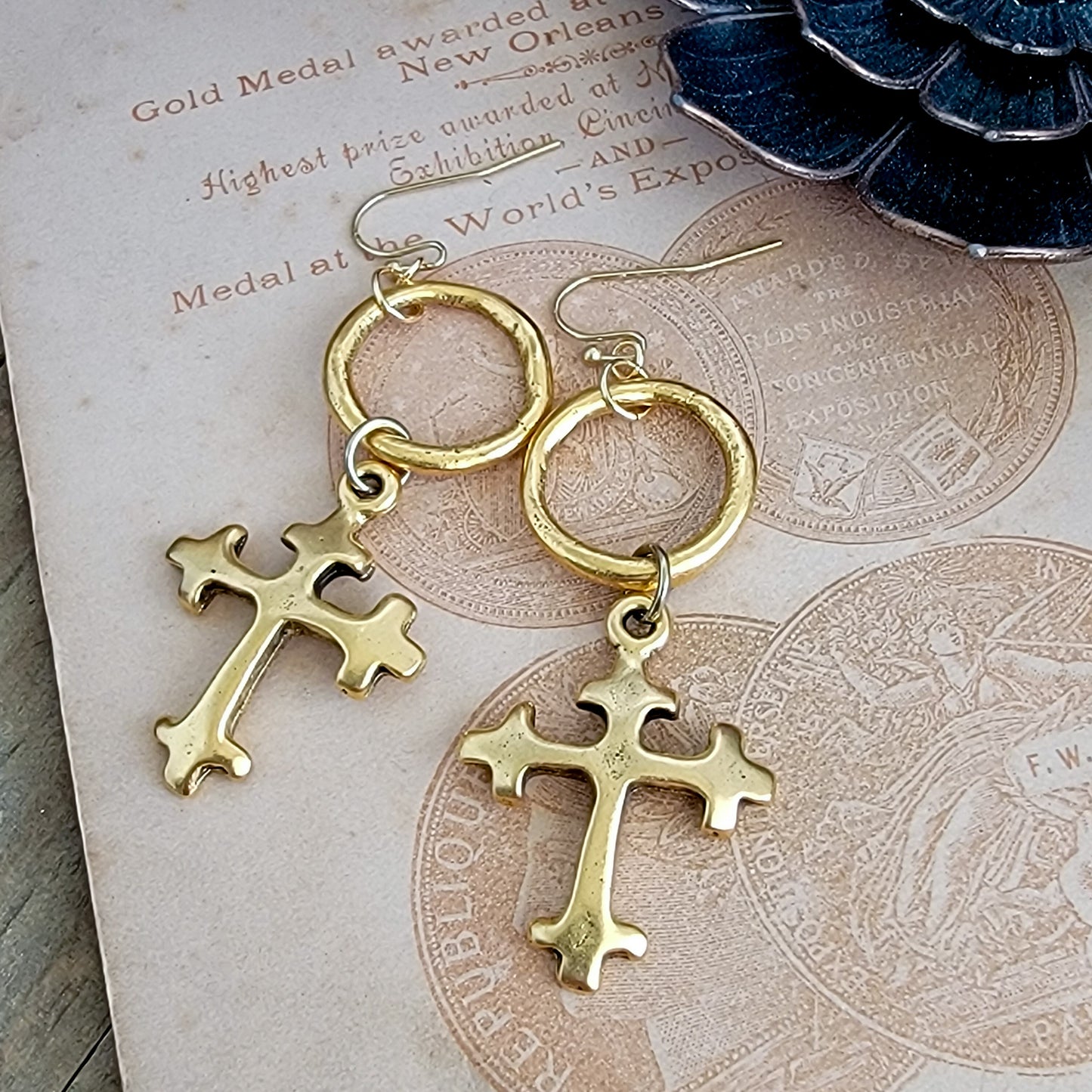 Chunky Gold Cross Dangle Earrings, Nicki Lynn Jewelry 