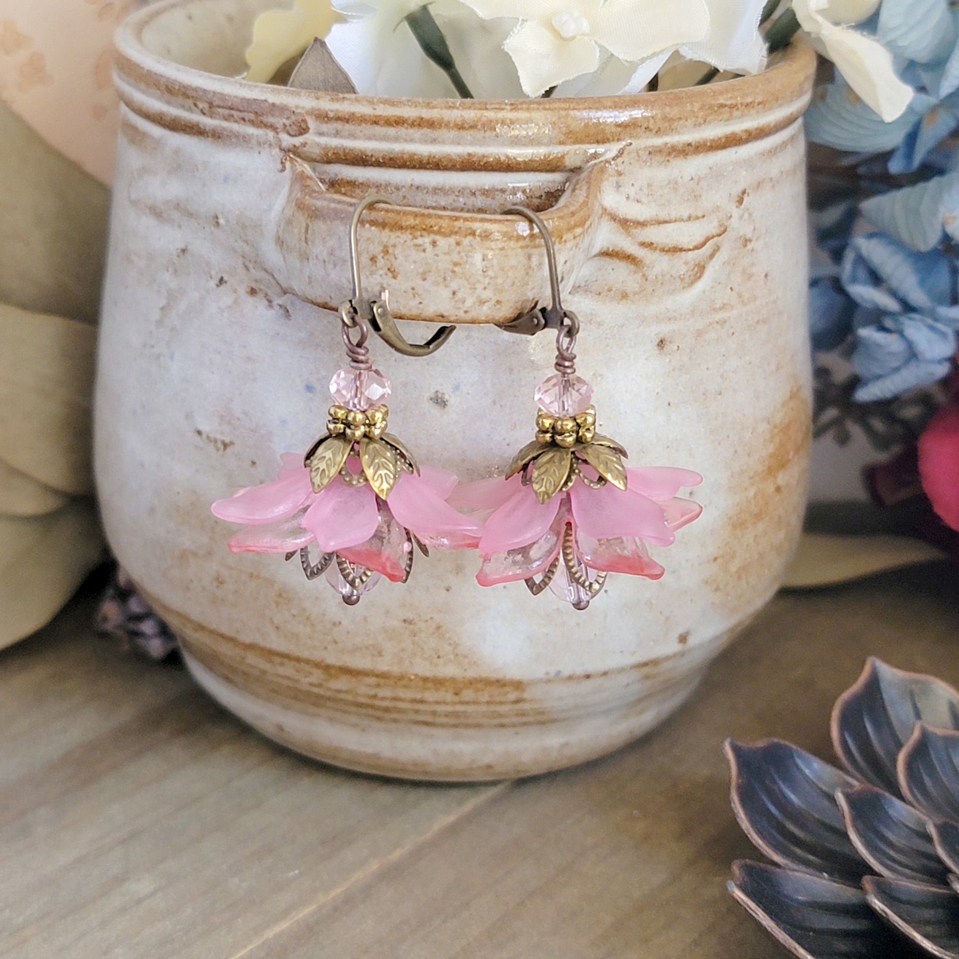 Pink Vintage Style Flower Earrings, Nicki Lynn Jewelry