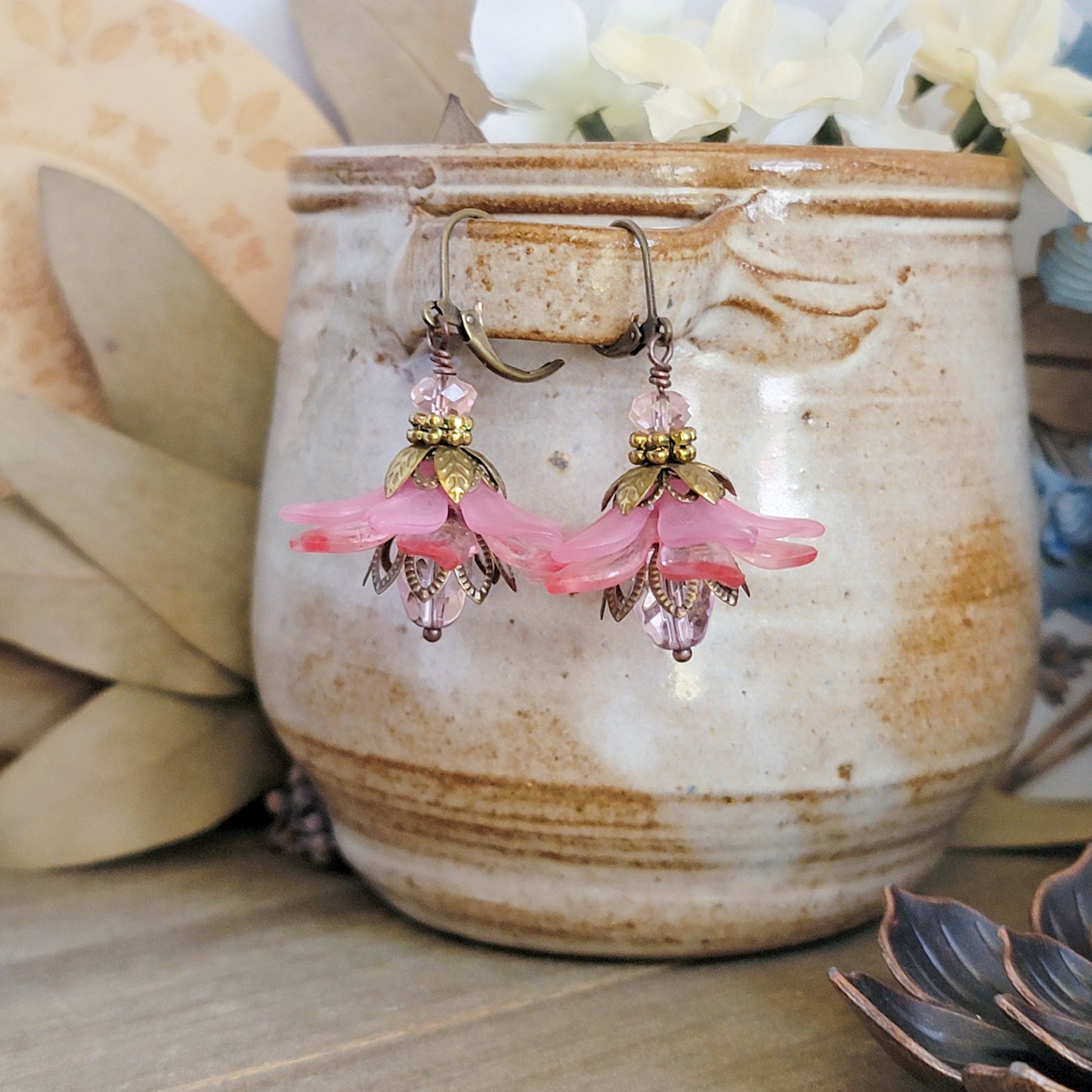 Pink Vintage Style Flower Earrings, Nicki Lynn Jewelry