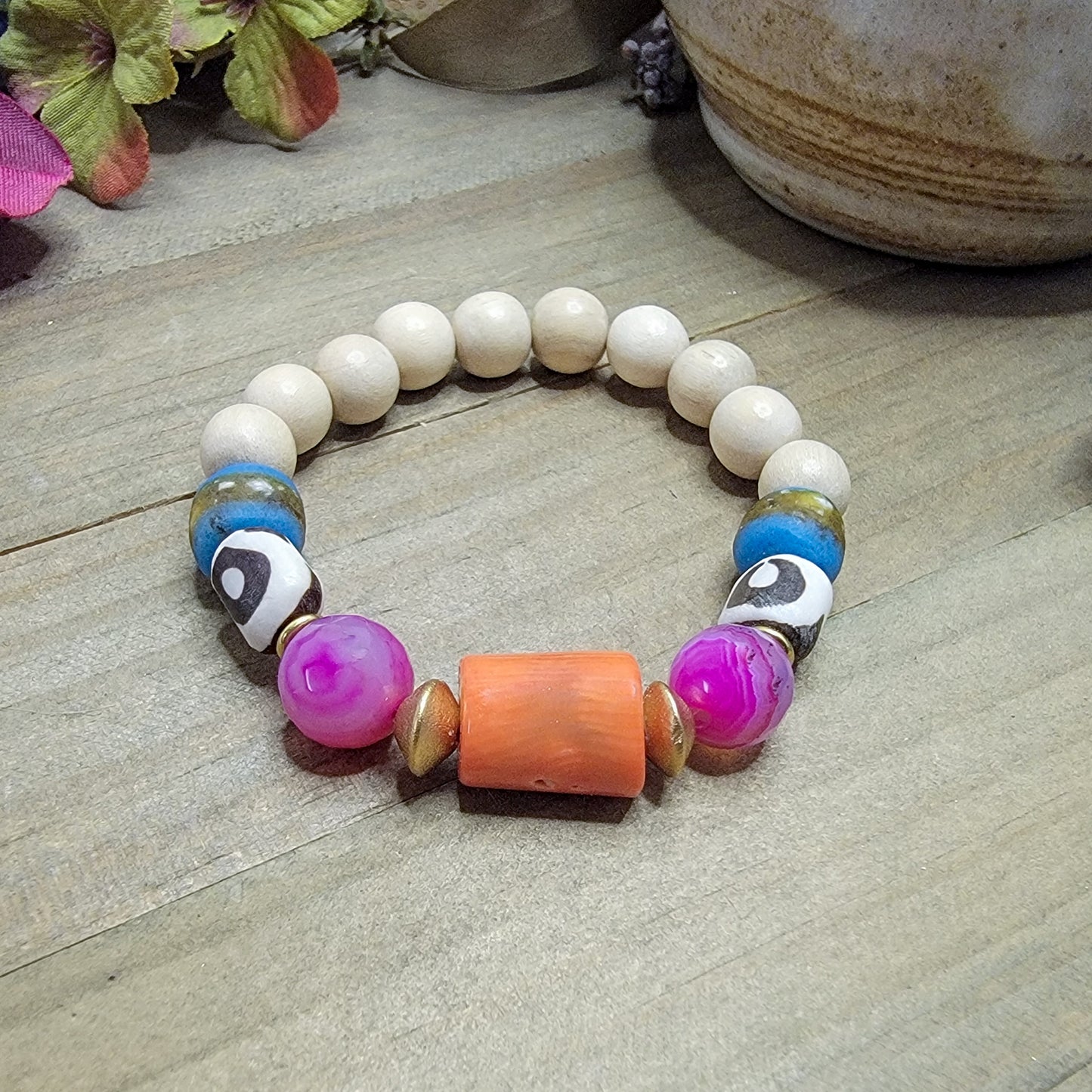 Boho Colorful Bone Bead and Gemstone Stretch Bracelet, Nicki Lynn Jewelry