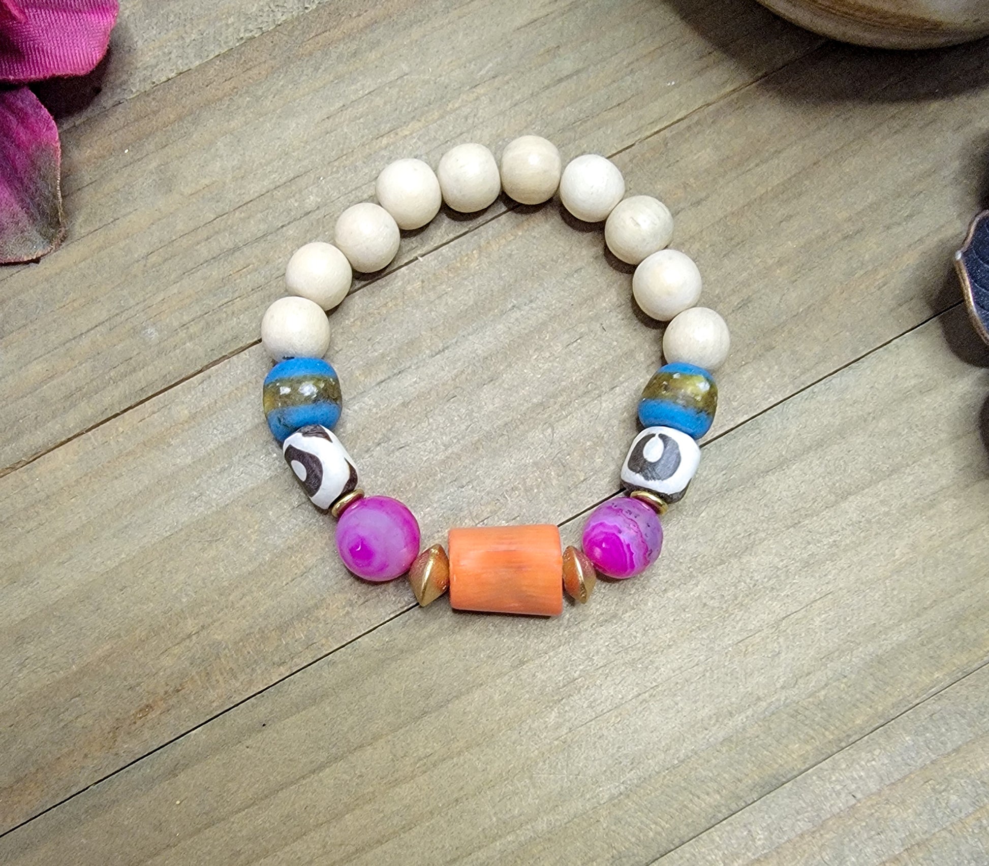 Boho Colorful Bone Bead and Gemstone Stretch Bracelet, Nicki Lynn Jewelry