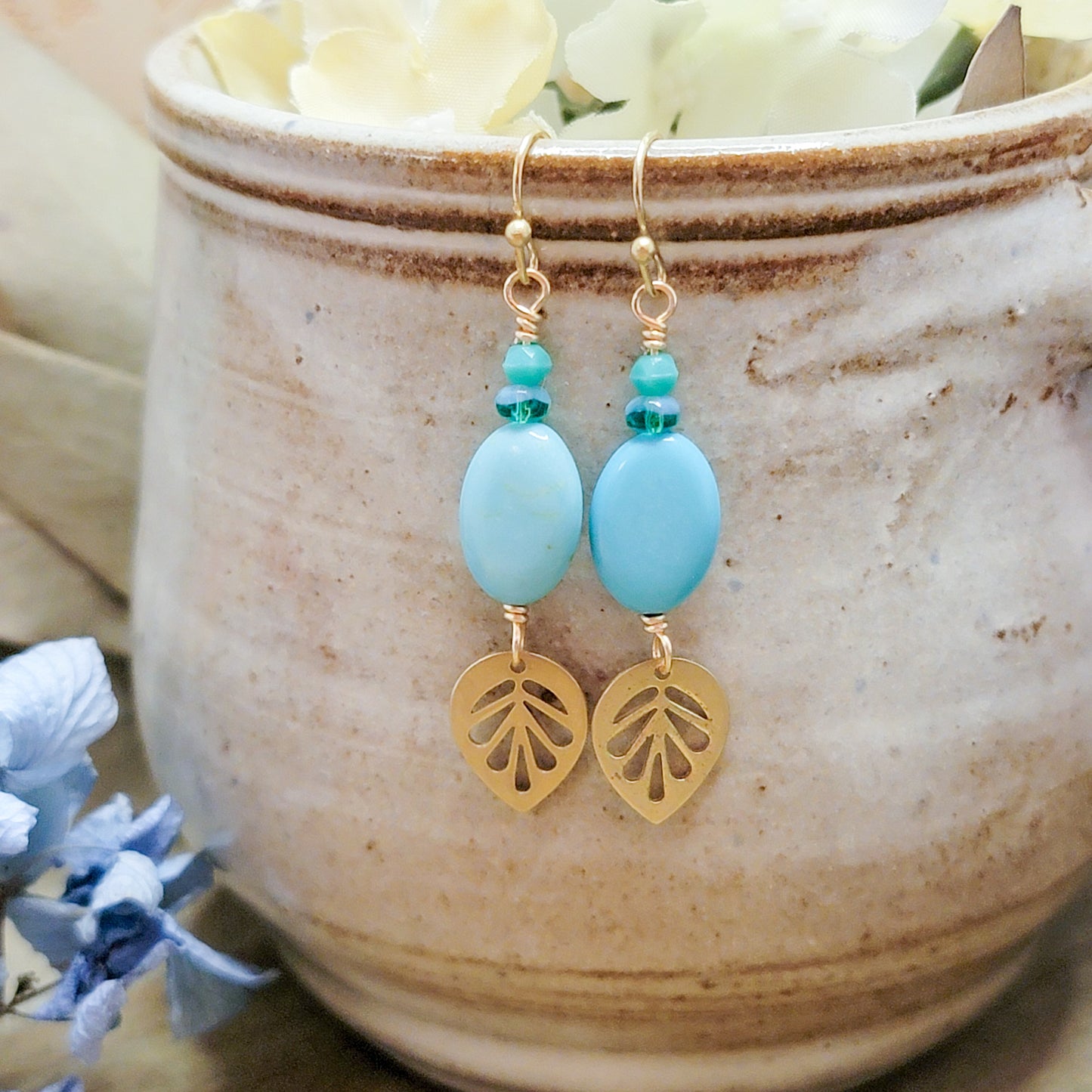 Turquoise and Brass Leaf Dangle Earrings