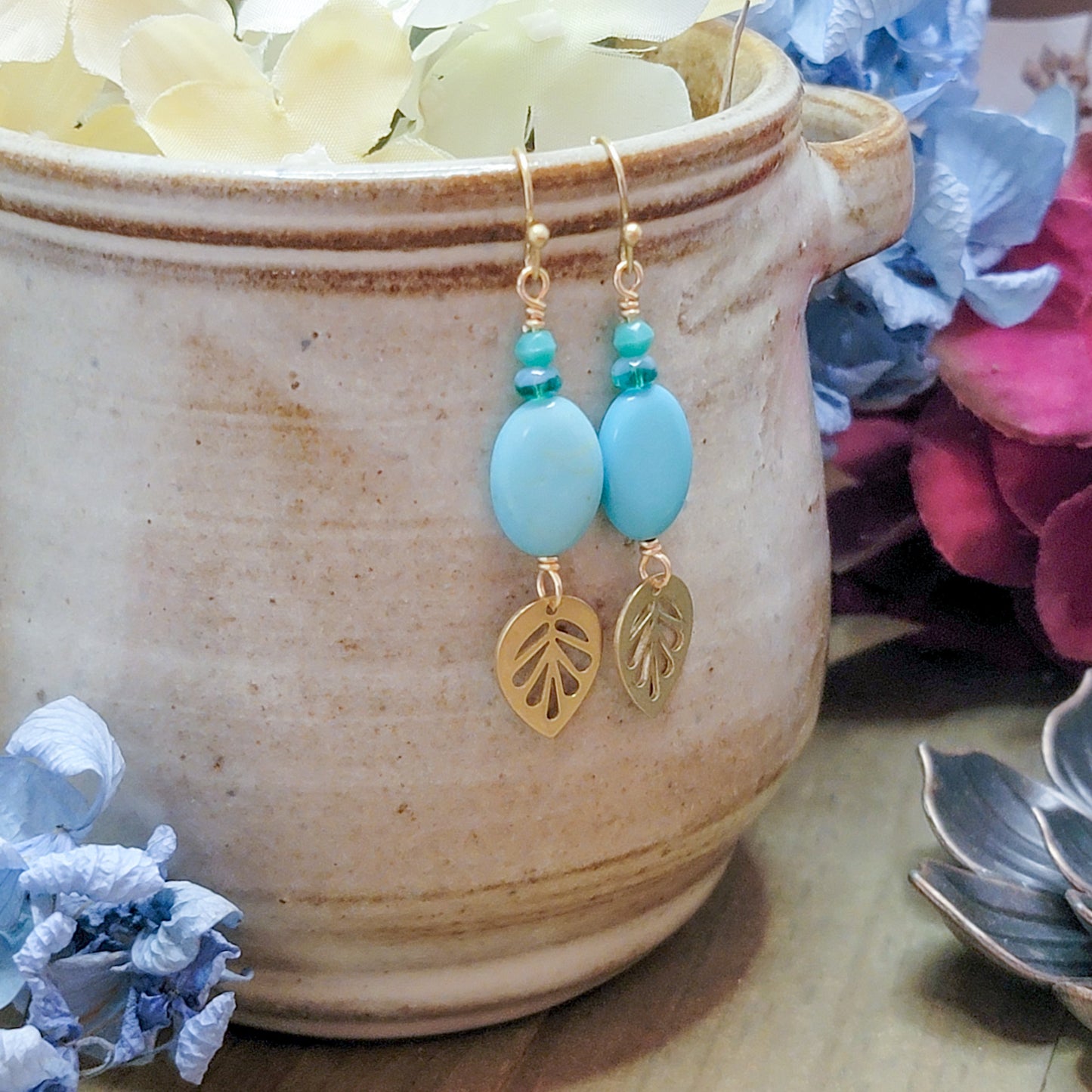 Turquoise and Brass Leaf Dangle Earrings