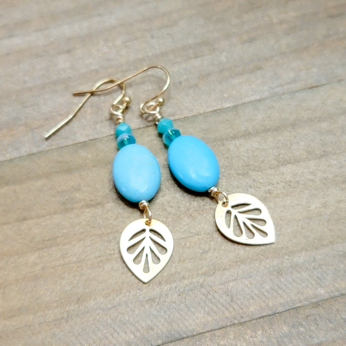 Turquoise and Brass Leaf Dangle Earrings