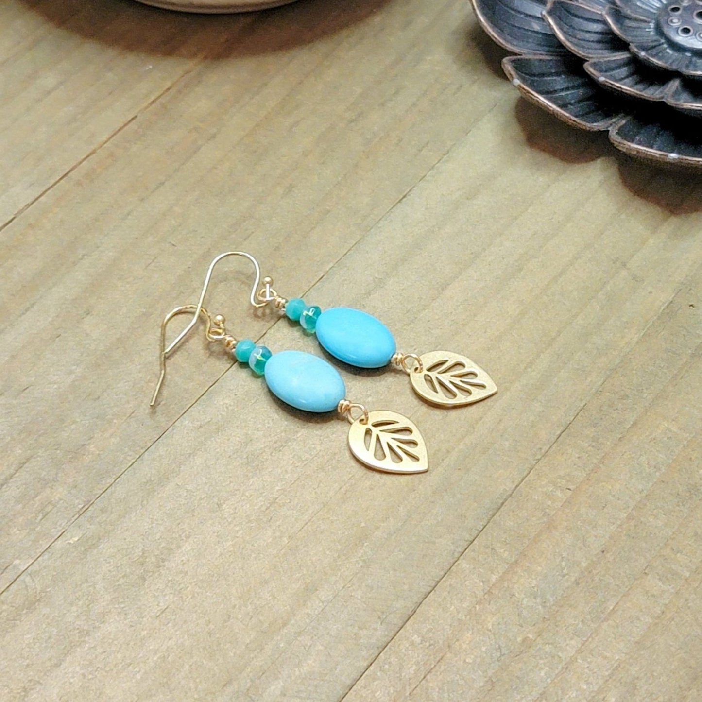 Turquoise and Brass Leaf Dangle Earrings