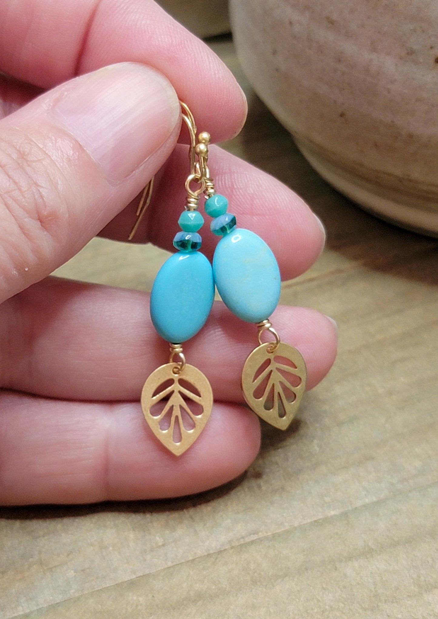 Turquoise and Brass Leaf Dangle Earrings