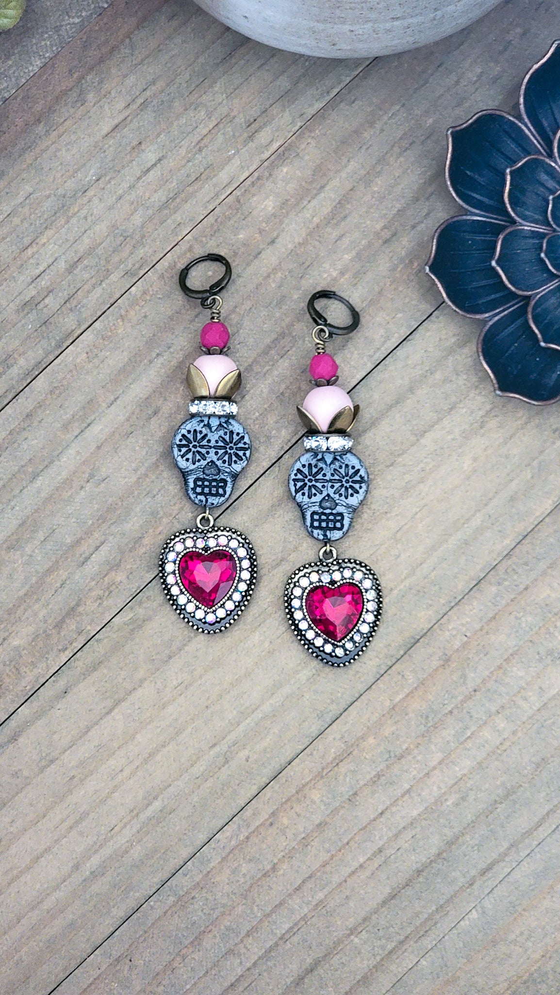 Crystal Pave Skull and Heart Earrings, Nicki Lynn Jewelry 