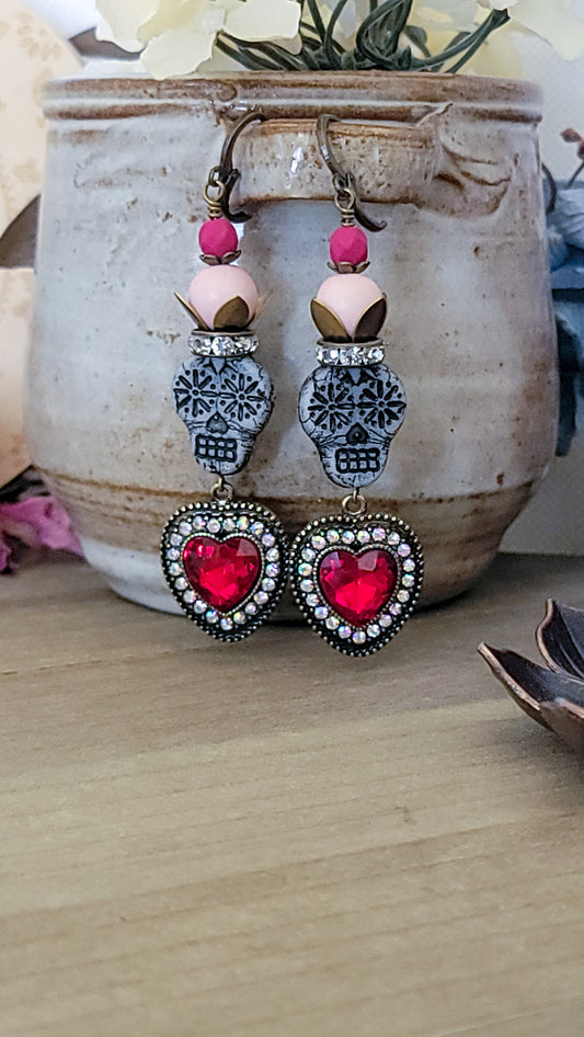 Crystal Pave Skull and Heart Earrings, Nicki Lynn Jewelry 