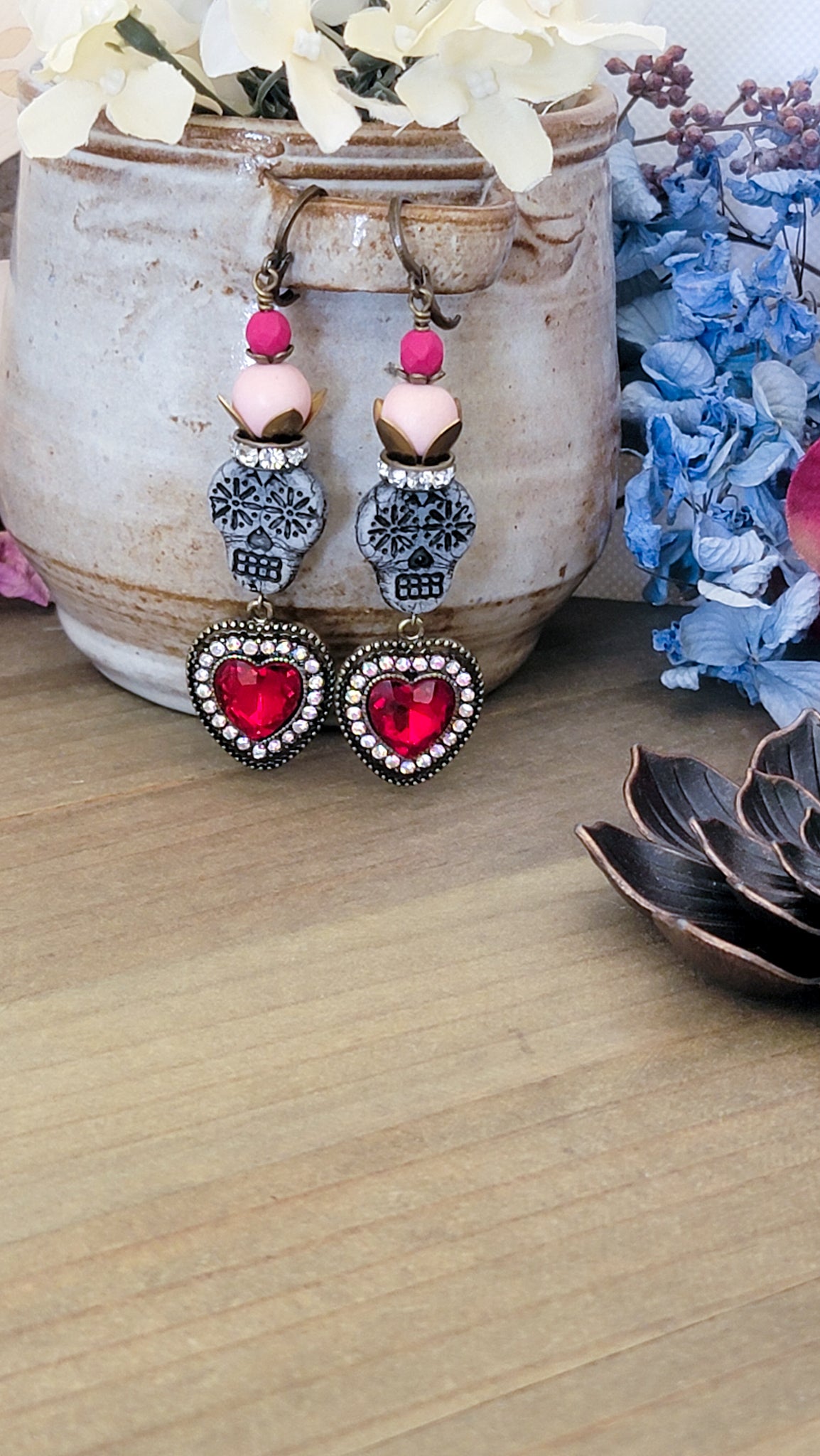 Crystal Pave Skull and Heart Earrings, Nicki Lynn Jewelry 