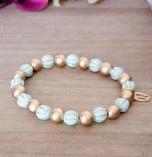 Gold Wood and Mint Czech Glass Beaded Bracelet, Nicki Lynn Jewelry