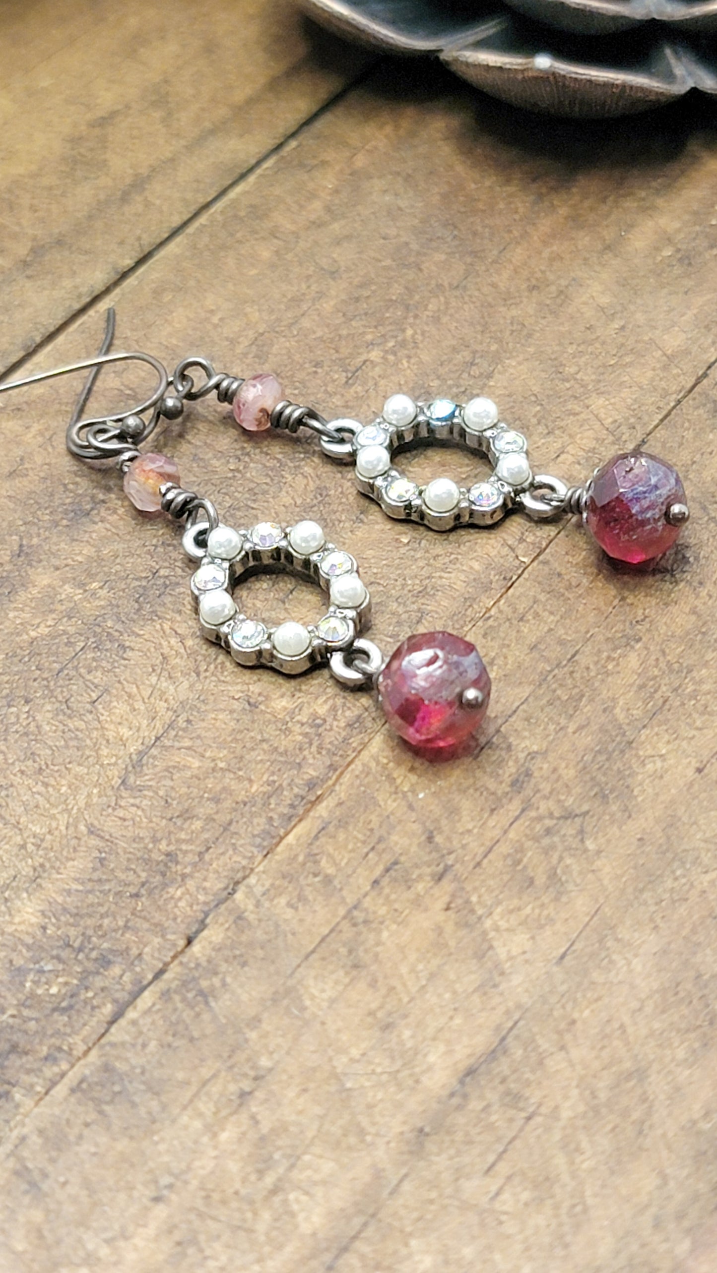 Burgundy Czech Bead and Crystal Pearl Earrings, Nicki Lynn Jewelry