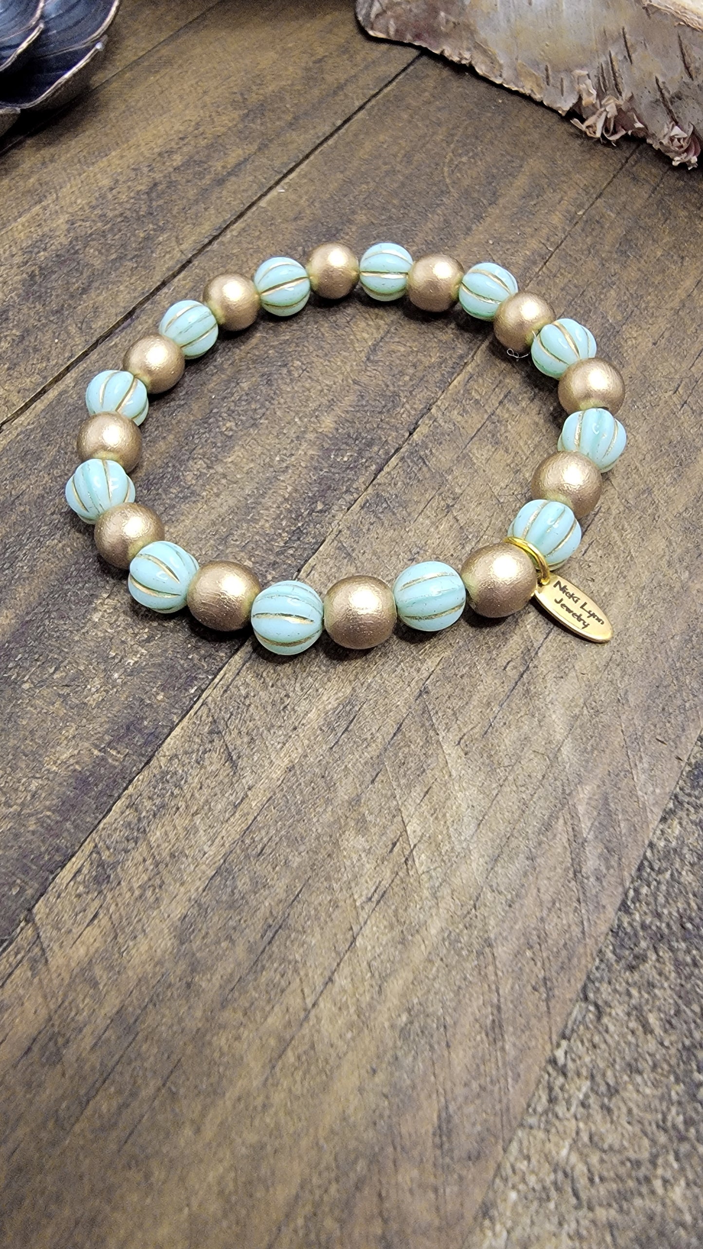 Gold Wood and Mint Czech Glass Beaded Bracelet, Nicki Lynn Jewelry