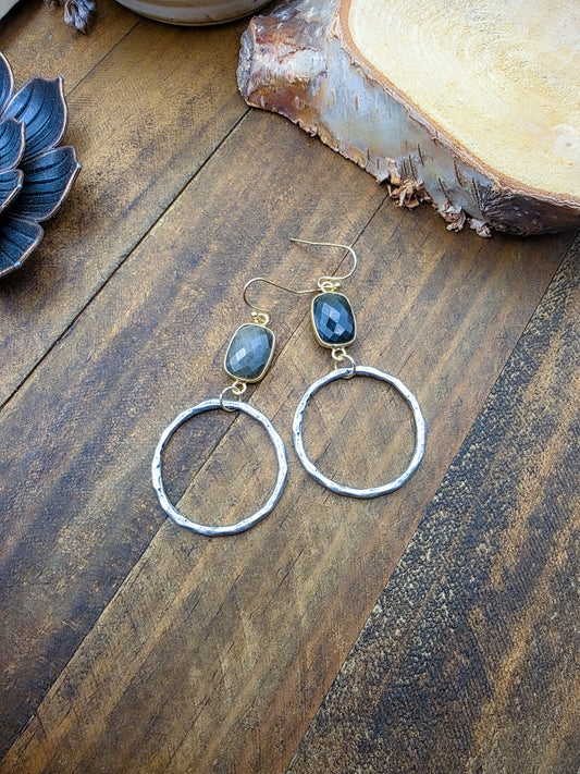 Labradorite and Silver Pewter Hoop Earrings