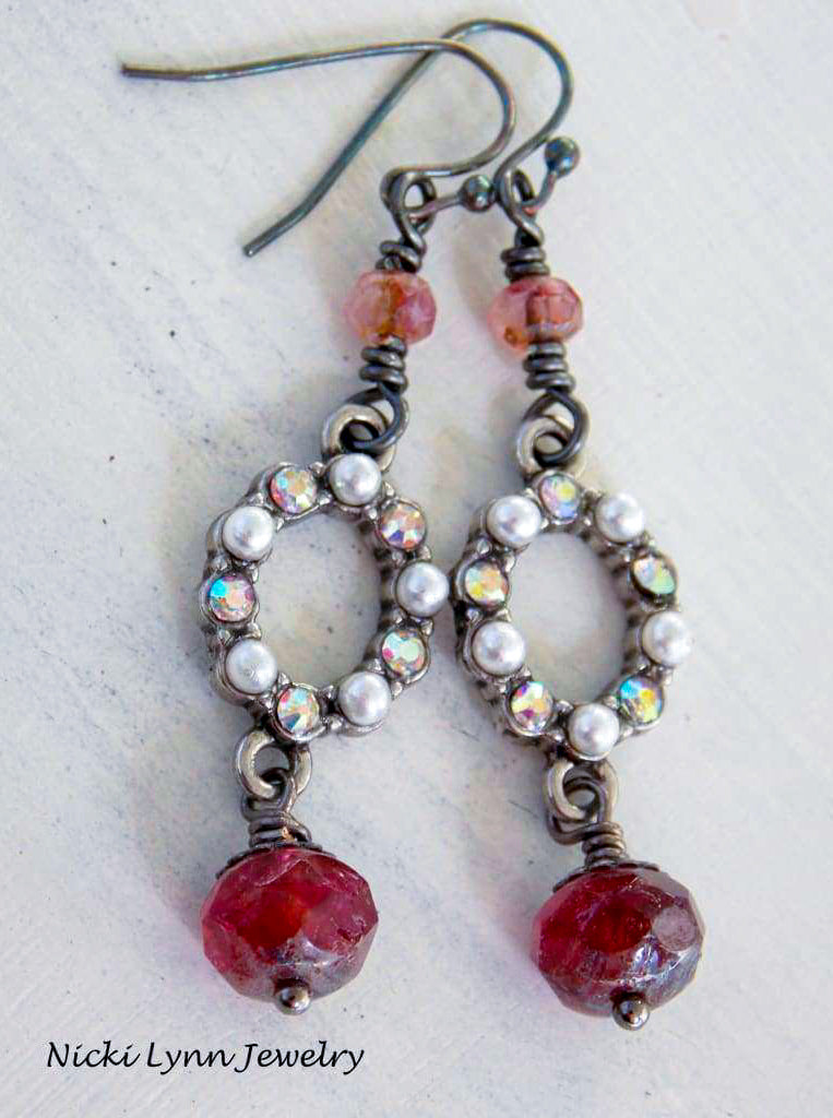 Burgundy Czech Bead and Crystal Pearl Earrings, Nicki Lynn Jewelry 