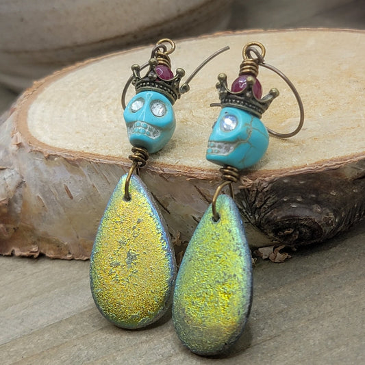 Sugar Skull Earrings with Iridescence Czech Glass - Nicki Lynn Jewelry