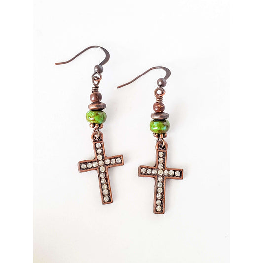 Rhinestone Copper Cross Drop Earrings - Nicki Lynn Jewelry